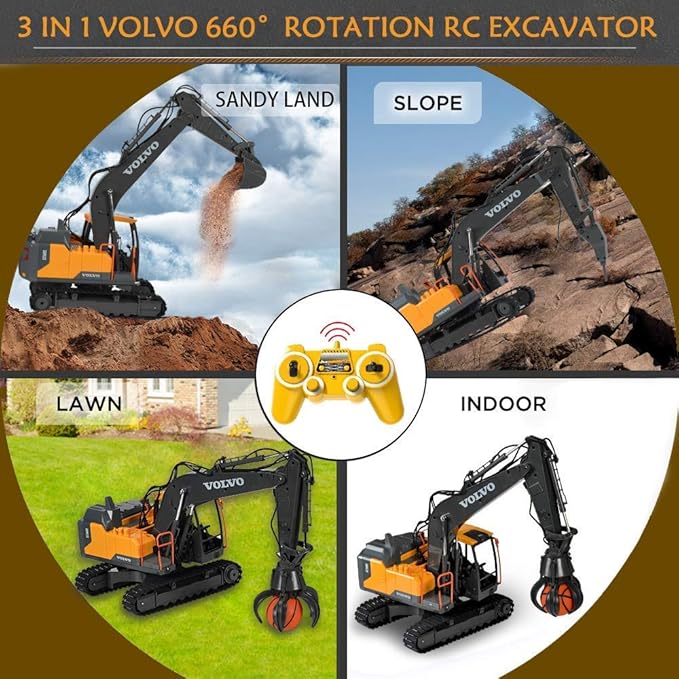 DOUBLE E Volvo RC Excavator 17 Channel 3 in 1 Construction Toys, 17 Channel Remote Control Vehicles Tractor Sandbox Toys Digger with Metal Shovel Drill Grab RC Truck for Kids Adults