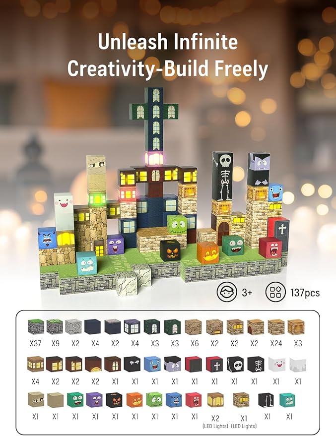 137PCS Magnetic Blocks - Magnetic Building Blocks, World Magnetic Lights Tiles Kids Build Cubes, STEM Toys for 3-5 4-8 5-7 Year Old Boys and Girls, Sensory Creative Activities Christmas Birthday Gift