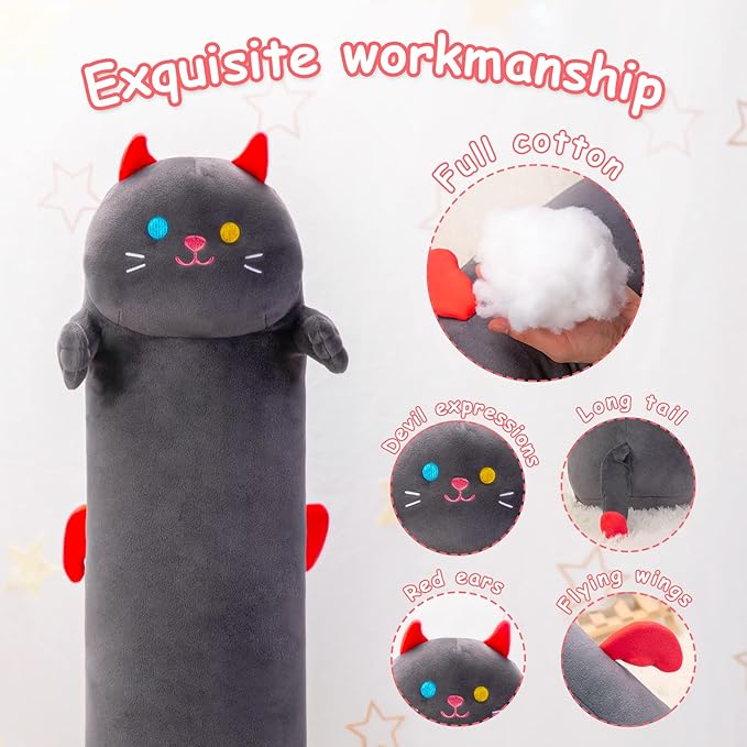 Mewaii Long Cat Plush 5 Sizes, 120% Extra Filling Giant Plushness Kids Body Pillow, Kawaii Cute Black Cat Stuffed Animals Plushies, Big Long Body Pillow Cat Plush Gift for Girls 44”