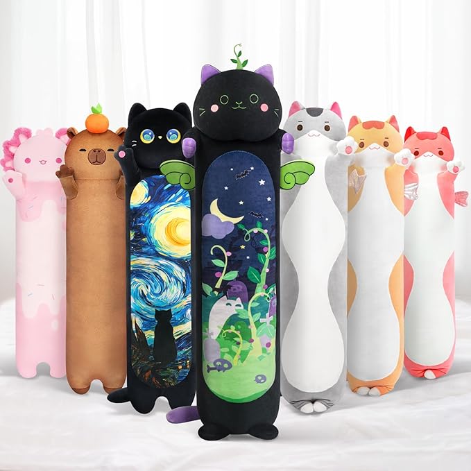 Mewaii Long Cat Plush 5 Sizes, 120% Extra Filling Giant Plushness Kids Body Pillow, Kawaii Cute Black Cat Stuffed Animals Plushies, Big Long Body Pillow Black Cat Plush Gift for Girls 44”