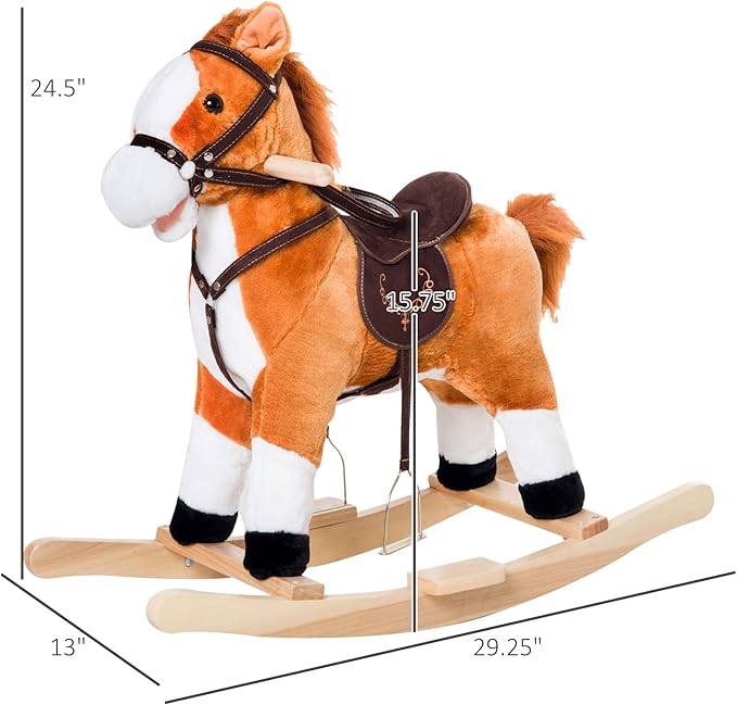 Qaba Kids Plush Toy Rocking Horse Ride on with Realistic Sounds - Brown
