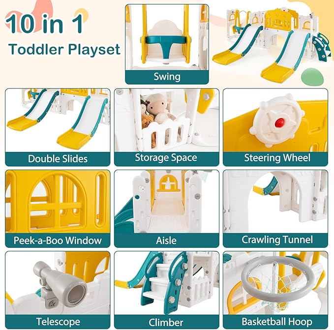 Costzon 10 in 1 Toddler Swing and Slide Set, Double Kids Slide and Climber Playset w/Aisle, Peek-a-Boo Window & Storage Space, Baby Indoor Playground for Aged 1+ (Yellow-2 Slides,100" × 59" × 40")