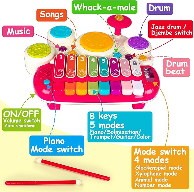 AugToy 3 in 1 Musical Toys for Toddlers 1-3 Piano Xylophone Drum Set Toys for 1 2 3 Year Old Girls Birthday Music Instruments Baby Learning Developmental Sensory Toys Toddler Toys Age 1-2 2-3