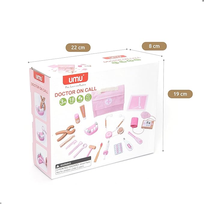 UMU® Wooden Doctor Kit for Kids – 18 pcs Doctor and Dentist Play Set for Toddlers with Stethoscope, Syringe, Tooth Model & More – Medical Pretend Play Toy for Girls Ages 3 4 5 6