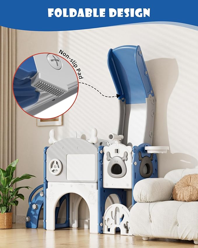 YUFU 12 in 1 Kids Slide for Toddlers, Toddler Slide Playset with Golf, Drawing Board, Climber, Basketball Hoop and Storage Space, Indoor Outdoor Toddler Playground for Kids Age 1-3 (Blue)