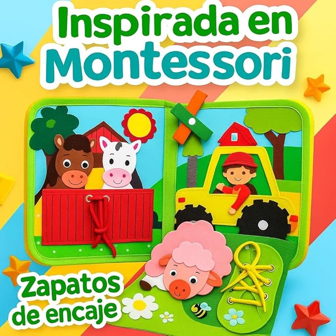 Montessori Bilingual Sensory Book (ES/EN) Children 1-5 Years, Educational Toy and Sensory Play with Activities and Gift Stickers, Interactive Busy Board Style Book, Original Gift for Baby or Child