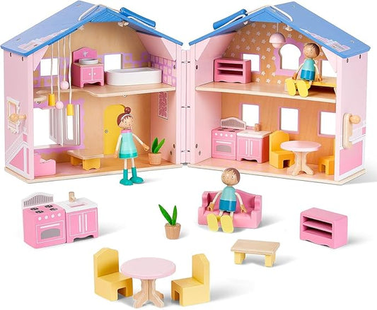 Giant bean Exquisite Pink Wooden Dollhouse for Girls with 2 Dolls and 12pcs Wooden Furniture,Foldable and Portable Pretend Play House Set with Handle, Christmas Birthday Gift for Girls Kids Age 3+