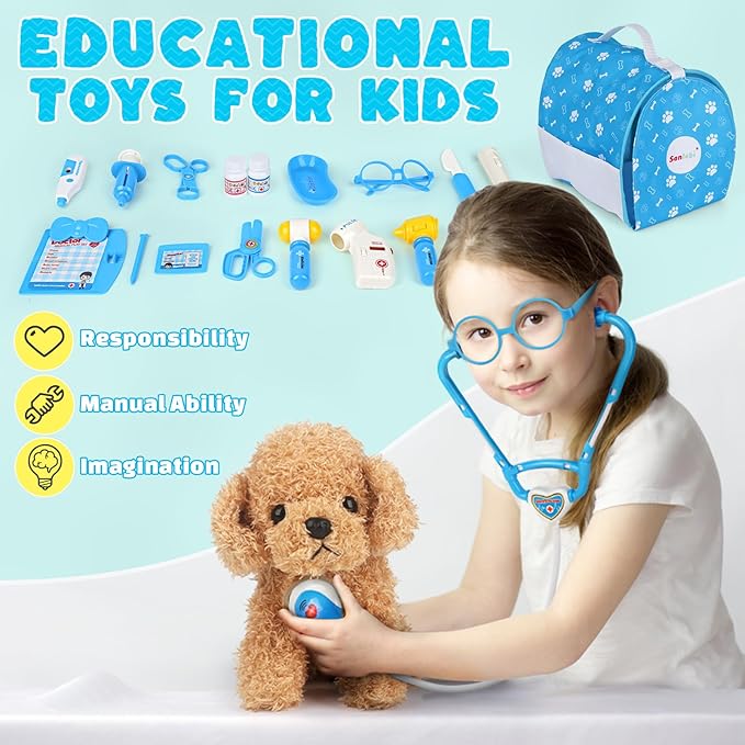 Doctors Set for Kids - Children Pet Vet Care Play Set with Doctor Costume, Plush Dog, Pretend Role Play Medical Kit Toys Gifts for 3 4 5 6 Year Old Girls