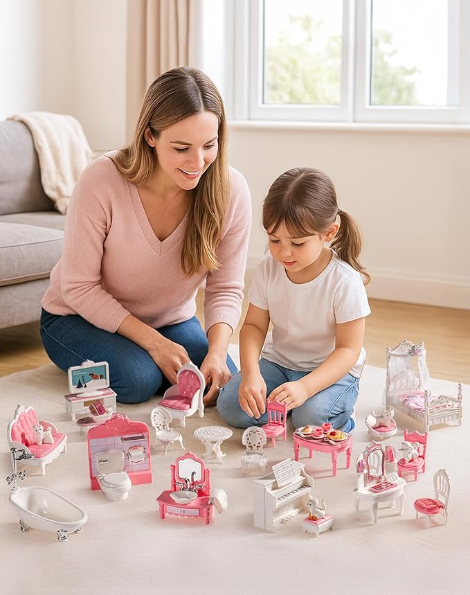 ROBUD Dollhouse Furniture, Pink Doll House Accessories and Furniture for Dining Room, Bathroom, Bedroomn,Living Room, Dollhouse Accessories Pretend Play Furniture Toys for Kids, WDHXX