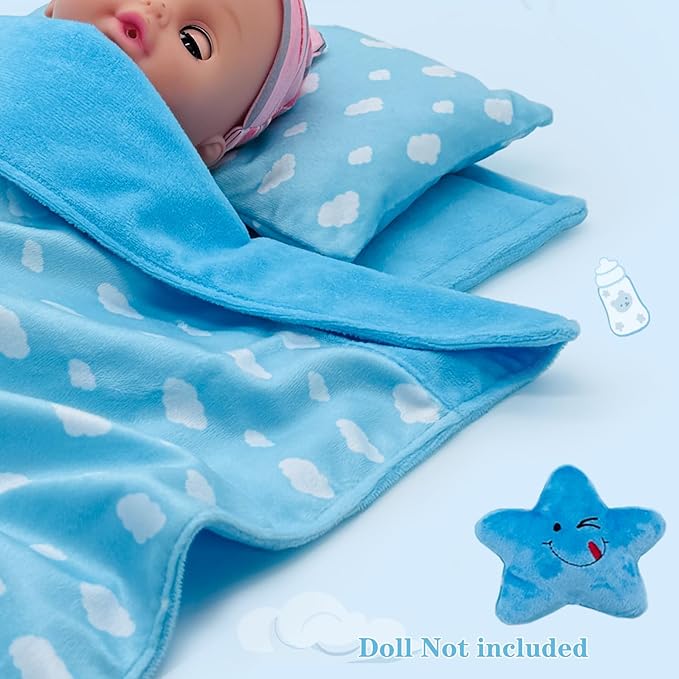 Baby Doll Accessories Bedding Set Soft Blanket Mattress Pillow Dolls Playset Fits 16-18 Inches American Doll Furniture Toy Girls and Boys (Blue)