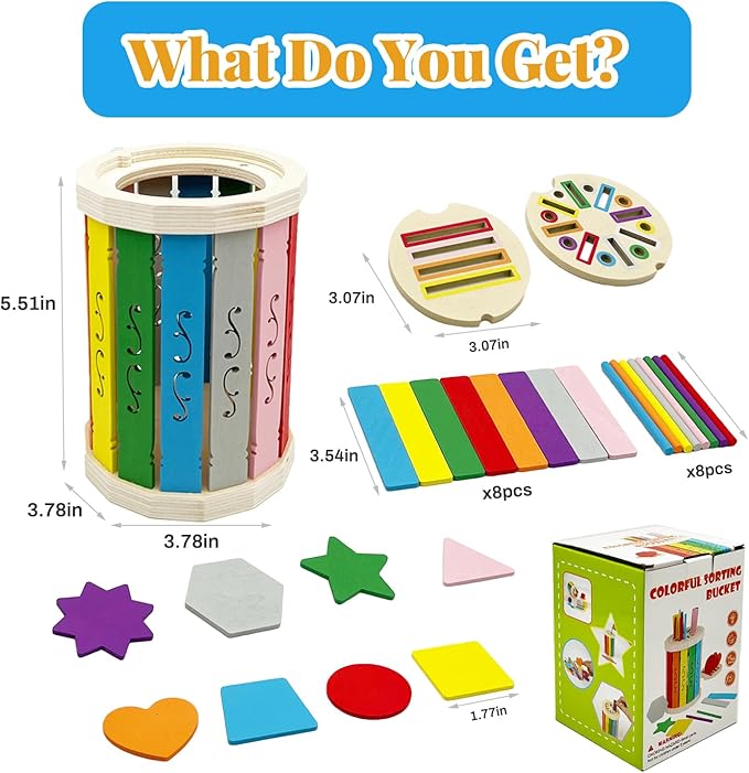 Montessori Wooden Stick Color Sorting Toys for 3 Year Old, Dual Play Educational Preschool Learning Fine Motor Skills Sensory Toys for Toddlers 3-5 Girl Boy Birthday Gifts (Rainbow Bucket)