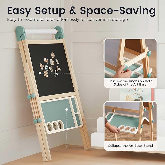 Tiny Land Easel for Kids, Double-Sided Magnetic Easel with Drawing Accessories, Adjustable Wooden Kids Art Easel with Paper Roll, Learning-Toy for 3,4,5,6,7,8 Years Old Boy & Girls Green