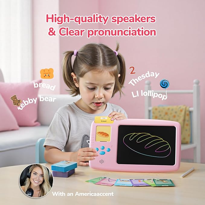 Talking Flash Cards for Toddlers: 2-in-1 LCD Writing Tablet Kids - Montessori Language Learning with 510 Words - Autism & Speech Therapy Toys for Children Gifts, Pink