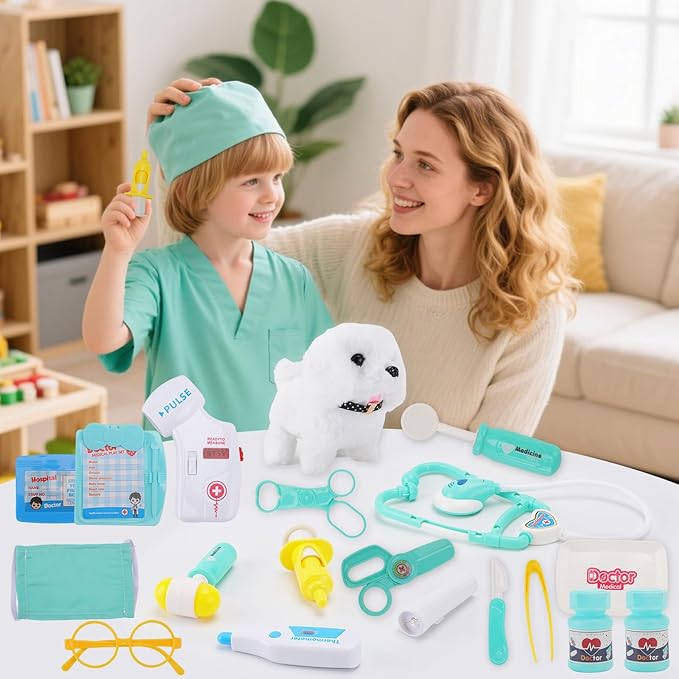 TEUVO Toy Doctor Kit for Girls - Pretend Play Doctor Set with Dog Toy, Carrying Bag & Stethoscope & Dress Up Costume - Toys Doctor Play Gift for Kids Toddlers Ages 1 2 3 4 5 6 7 Year Old for Role Play
