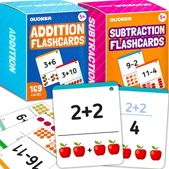QUOKKA Addition & Subtraction Flash Cards Set for Kids Ages 4-8 – 338 Jumbo Math Flash Cards with Visual Aids, Sorting Rings & Reference Cards – Math Games for Kids 1st to 3rd Grade Classroom & Home