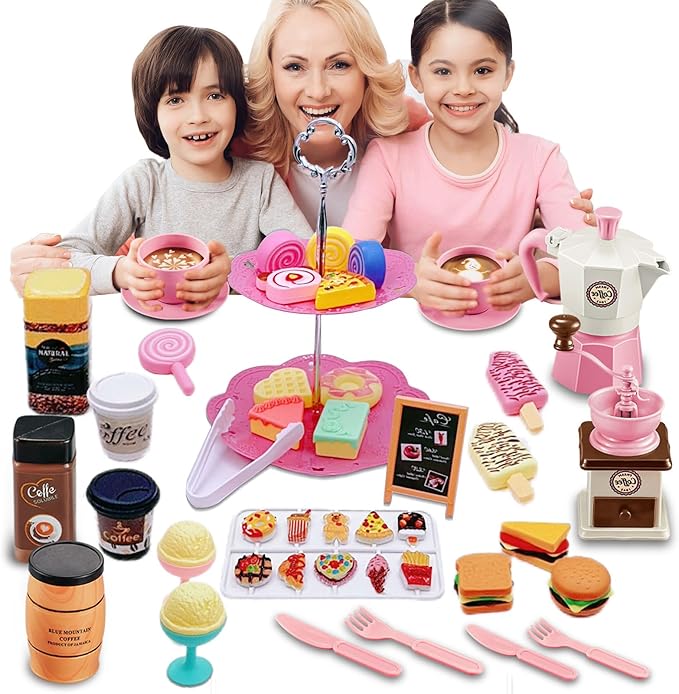 Pretend Tea Party Set for Little Girls, 48 PCS Coffee Maker Set and Play Food Dessert Set for Kids Age 3 4 5 6 7 8 9, Kids Kitchen Pretend Play for Princess Girls Boys(Pink)