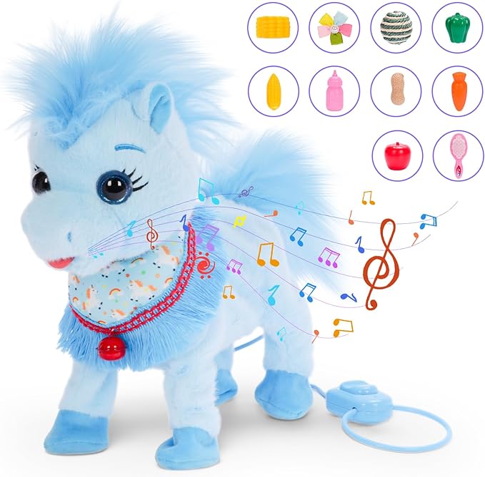 Blue Interactive Walking Singing Pony, Toy Horse Talking Dancing Pony with Leash, Electric Plush Pony Horse Pet Toy for Toddler, Nod Lick Wag Repeat What You Say 3+ Girl Boy Kid