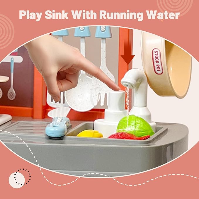 Play Kitchen Accessories for Toddlers, Cooking Stove with Realistic Sounds and Lights, Simulation Play Sink with Running Water, Pots and Pans Set, Play Foods Toys for Boys Girls 3 Years Up (Pink)