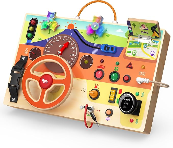 Busy Board Montessori Toys for Toddlers 1-3 with Steering Wheel, Lights & Switches, Wooden Driving Activity Board | Sensory Montessori Busy Board for 1+ Year Old, Toddler Learning & Travel Toy