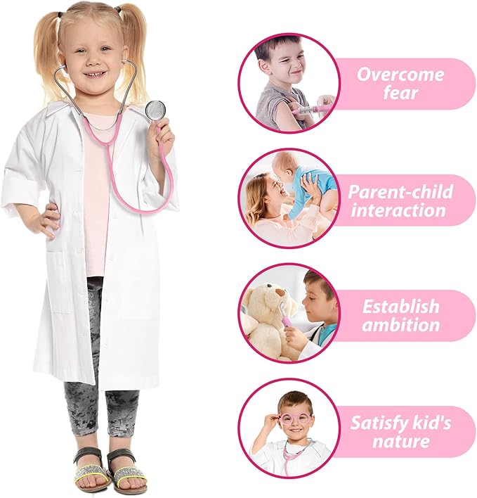 Kids Doctor Kit, 8 Pieces Toddlers Doctor Playset with Medical Storage Bag & Real Stethoscope, Pretend Play Doctor Toys Christmas Birthday Gift for Boys Girls Aged 3 4 5 6 (Pink)