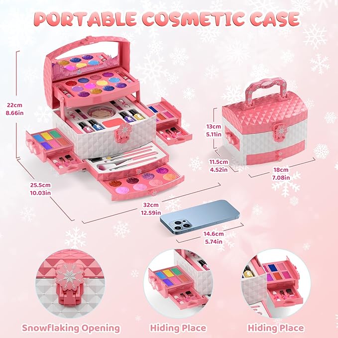 PERRYHOME Kids Makeup Set for Girl 56 Pcs Washable Real Cosmetic, Non-Toxic Frozen Toys Toddler Makeup Kit, Princess Dress up Christmas & Birthday Girl Gift for 3 4 5 6 7 8 9 10 11 12 Year Old Girls