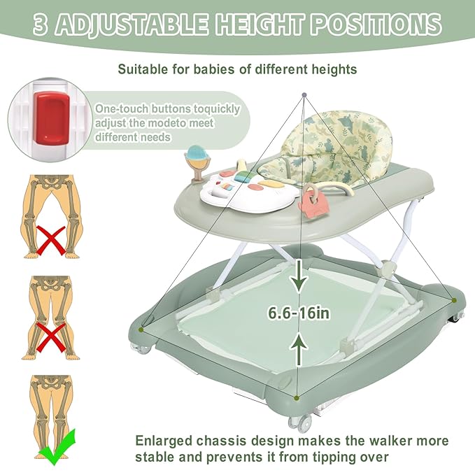 5 in 1 Foldable Baby Walker,Activity Baby Walker-Baby Bouncer,Rocker,Activity Center,Seat and Push Walker,Detachable Footrest Mat,Adjustable Speed Rear Wheels and Height,Ages 6-18 Months (Light Green)