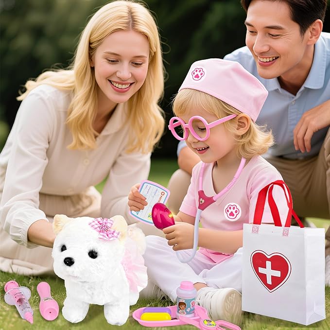 Kids Pet Doctor Kit for Toddlers, 21PCS Kids Doctor Playset with Plush Dog, Medical Toys, Stethoscope, Dress Up Costume, Carrying Bag,Christmas Birthday Gifts for Ages 3 4 5 6 7 8 Year Old Girls