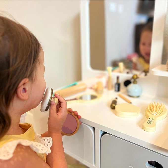 Montessori Mama Makeup and Salon Set - Wooden Pretend Play Beauty Play Makeup Kit with Styling Tools and Cosmetics - Pretend Makeup for Toddlers for 4 Year Old Girl