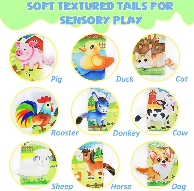 Farm Crinkle Books for Babies with 10 Finger Puppets Set, Touch and Feel Cloth Soft Farm Animal Tail Baby Books 0-6 Months with Teething Toy, Infant Toys 6-12 Months, Baby Christmas Shower Gifts