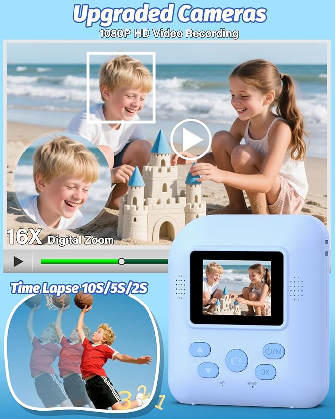 Kids Camera Instant Print Photo, Portable Thermal Printing Camera Toy with HD Digital Video, for 3-12 Years Old Boys Girls, Creativity & Learning (Blue)