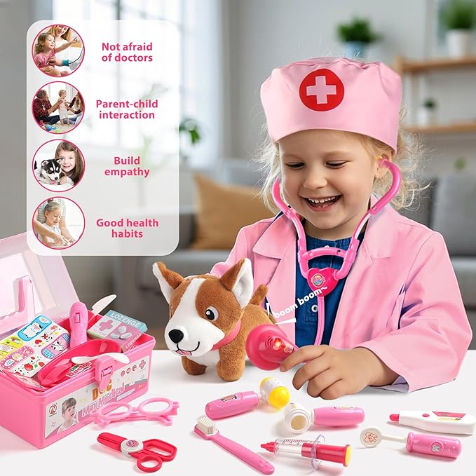Doctor Kit for Toddlers 3-5 Dress Up for 2+ Year Olds Girls Pretend Veterinarian Toddler Doctor Play Set with Stethoscope Pink Costume Dog Toy Christmas Birthday Gifts for 2 3 4 5 6 Year Old Girls