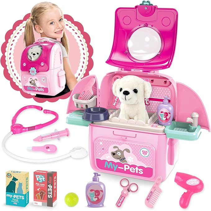 Girl Toys Gifts for 2 3 4 5 6 Years Old, Toddler Girl Toys, Pet Care Pretend Doctor Set Toys for Kids, Doctor kit for Toddlers 1-3 3-5, Kids Doctors Play Set with Plush Puppy Toy&Storage Backpack