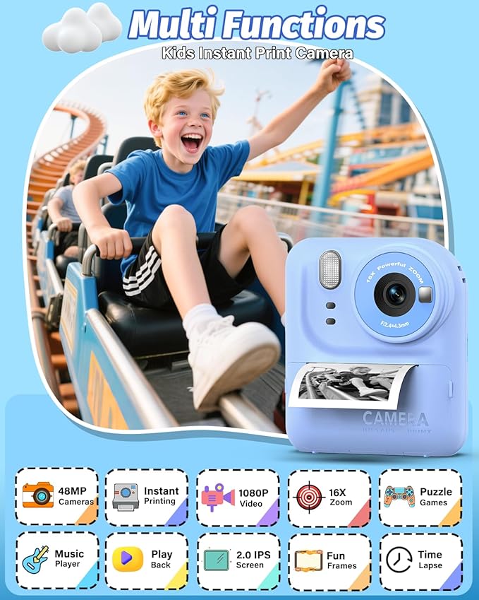 Kids Camera Instant Print Photo, Portable Thermal Printing Camera Toy with HD Digital Video, for 3-12 Years Old Boys Girls, Creativity & Learning (Blue)