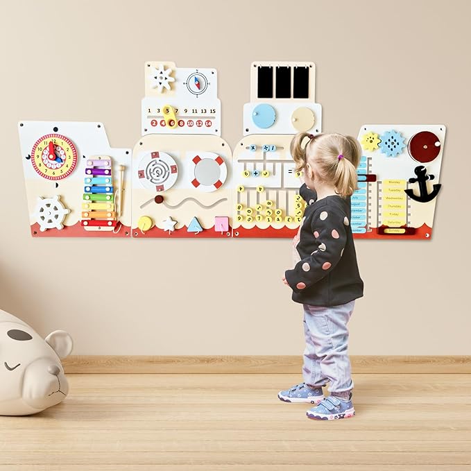 Cateam Sensory Wall Panel for Kids - Activity Wall Busy Board for Toddlers and preschoolers. 16in1 Learning Activity Center. Wooden Montessori Toys for Education and Early Development - Ship