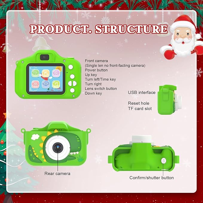 Kids Camera for 3-9 Year Old Boys Girls, Children Digital Camera with Cute Cartoon Soft Cover & 32GB SD Card, Best Christmas Birthday Gifts for Grandkids, Halloween Party Favors for Kids - Green