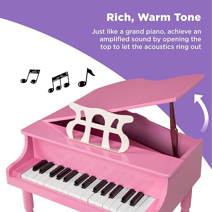 Best Choice Products Kids Classic Wooden 30-Key Mini Grand Piano Musical Instrument Toy w/ Piano Lid, Bench, Foldable Music Rack, Song Book, Note Stickers, Enamel Finish - Pink