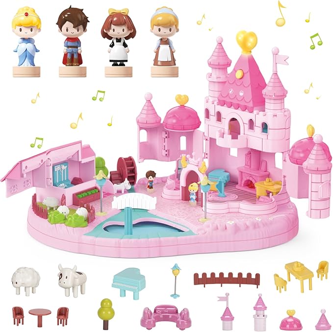 Dream Princess Play Set ,12.2*8.6*8.8 inches with 4 Magnetic Control Movable Toys, Magnetic Doll House Building Toys with Light Music, Toy Gift for Girls Kids Ages 6+（Pink）