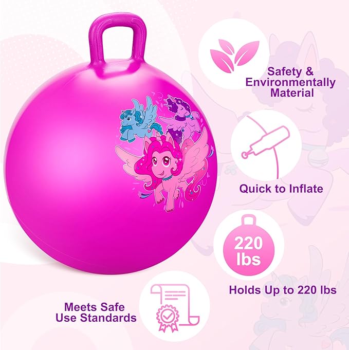 ZOOJOY Hopper Ball, 18 Inch Bouncy Ball with Handle for Kids Aged 3-8, Inflatable Unicorn Hippity Hop for Boys Girls, Pink Hopping Toys with Pump
