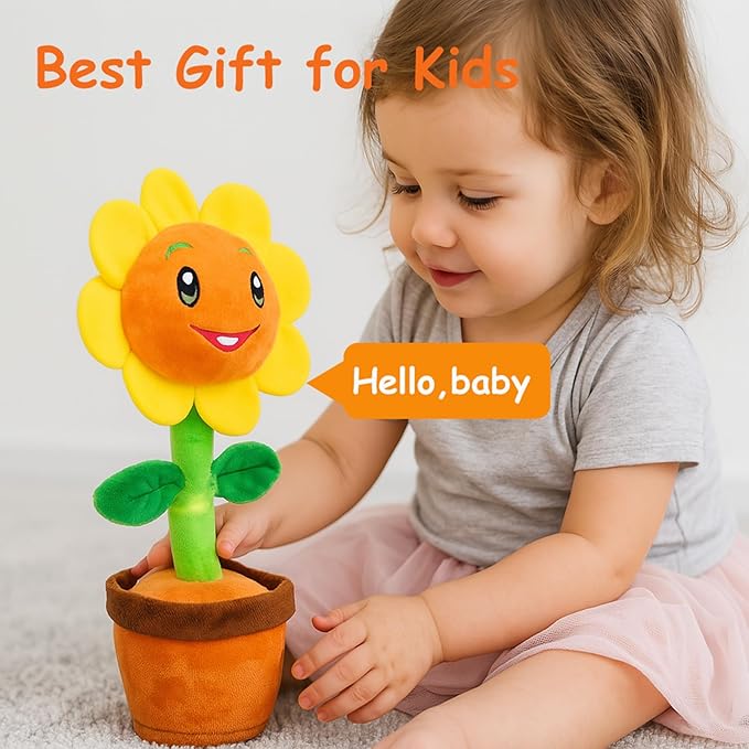 Easfan Singing Dancing Sunflower Talking Toy Electric Musical Plush Repeat What You Say Funny Speaking Interactive Toy Birthday for Kids, 14"