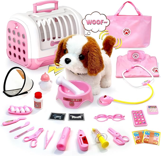UBeesize Electronic Dog Toy Doctor Kit for Toddlers 3-5, Kids Doctor Play Set with Interactive Plush Dog, Medical Toy Kits and Costume, Pretend Vet Playset for 3 4 5 Year Old Girl Birthday Gifts Pink