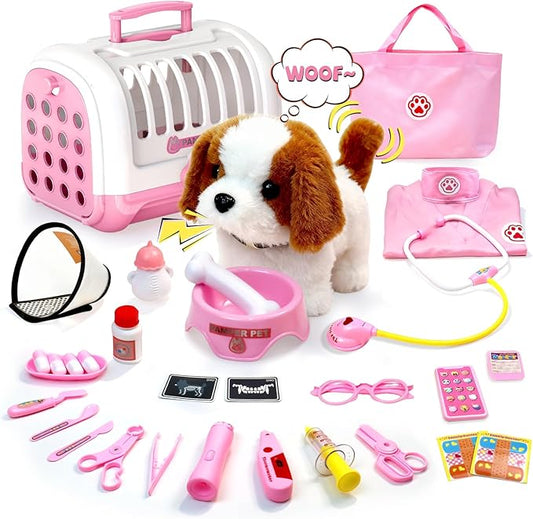 UBeesize Electronic Dog Toy Doctor Kit for Toddlers 3-5, Kids Doctor Play Set with Interactive Plush Dog, Medical Toy Kits and Costume, Pretend Vet Playset for 3 4 5 Year Old Girl Birthday Gifts Pink