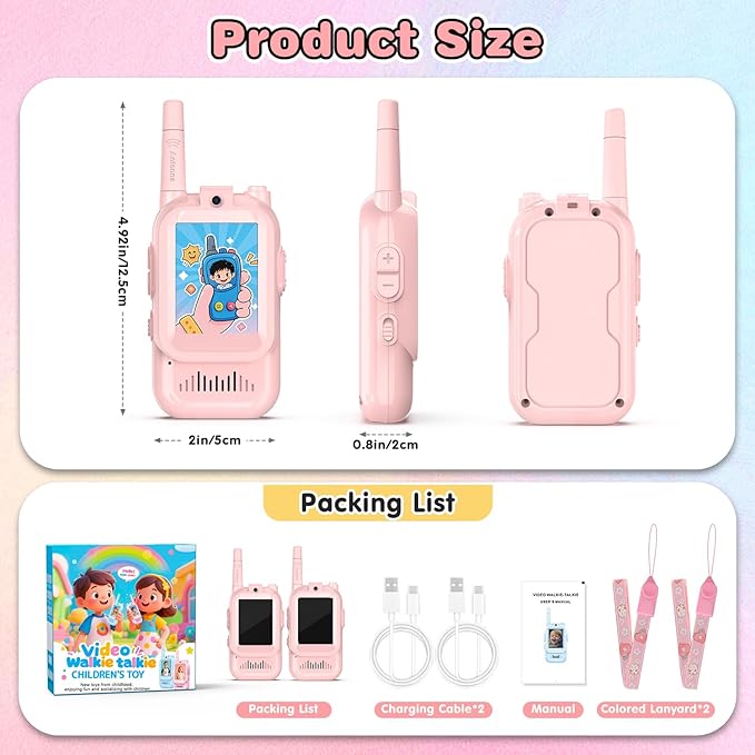 Video Walkie Talkies for Kids, 2 Pack Facetime Walkie Talkies with HD Camera & Voice Changer for Boys Girls for Family Games, Indoor, Outside, Hiking Christmas Birthday Toys Gift Ages 3-12 (Pink)