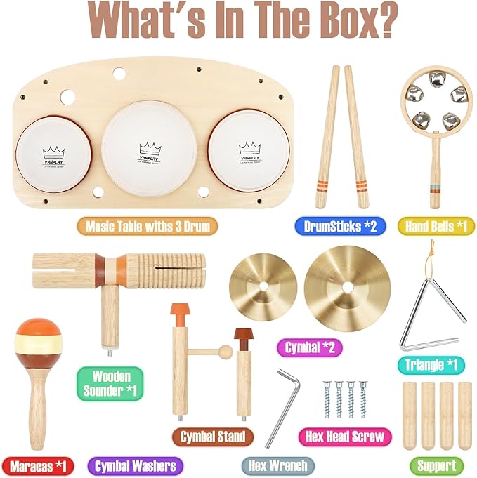 Kids Drum Set - Montessori Toys for 2 Year Old Boy Girl Birthday Gifts, 11 in 1 Wooden Musical Instruments for Toddlers 2-3, Musical Activity Table Preschool Learning Toys for Baby 18+ Months
