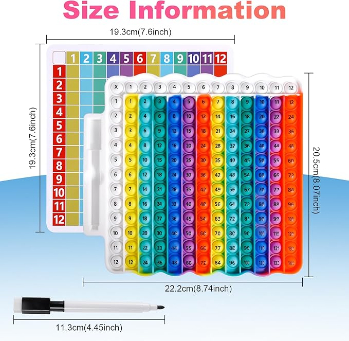 Educational e1 Multiplication Table pop Fidget Toy Rainbow Colors with Dry Erase Marker Stress Relieving Toy Memory Addition Game 3rd Grade pop 12x12 Rainbow Toy Board Math manipulatives