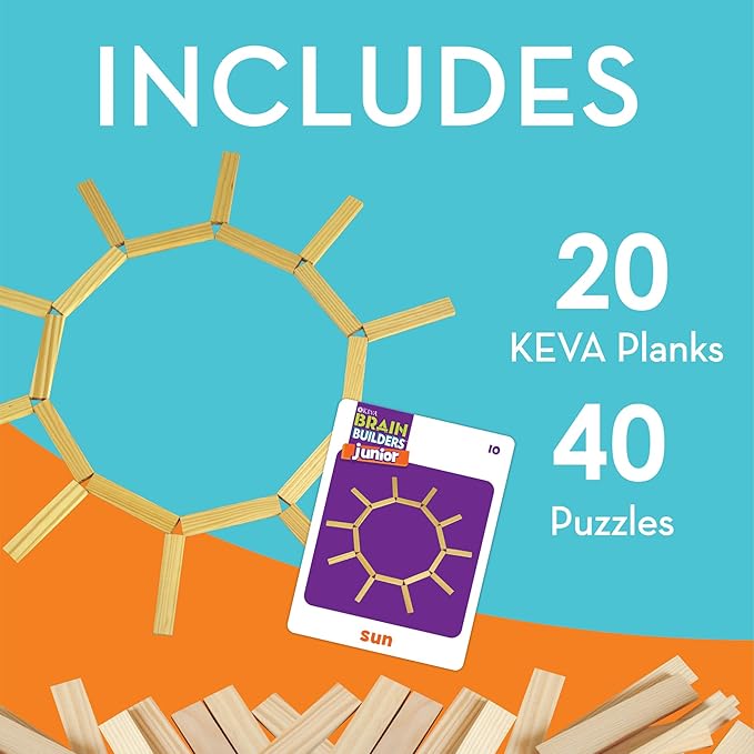 MindWare KEVA Junior Brain Builders Playset, 3D Puzzle Travel Game, 40 Wooden Building Block Challenges
