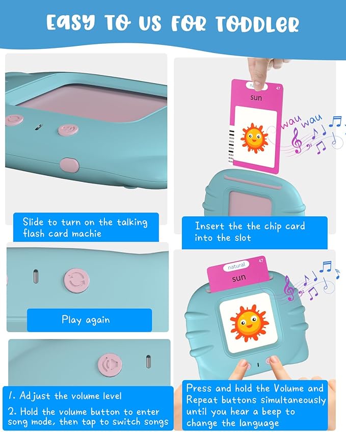 224 Words English Talking Flash Cards with Music, Montessori Educational Learning Kid Toddler Toys, Pocket Speech Therapy and Autism Christmas Sensory Toys for Girls Boys