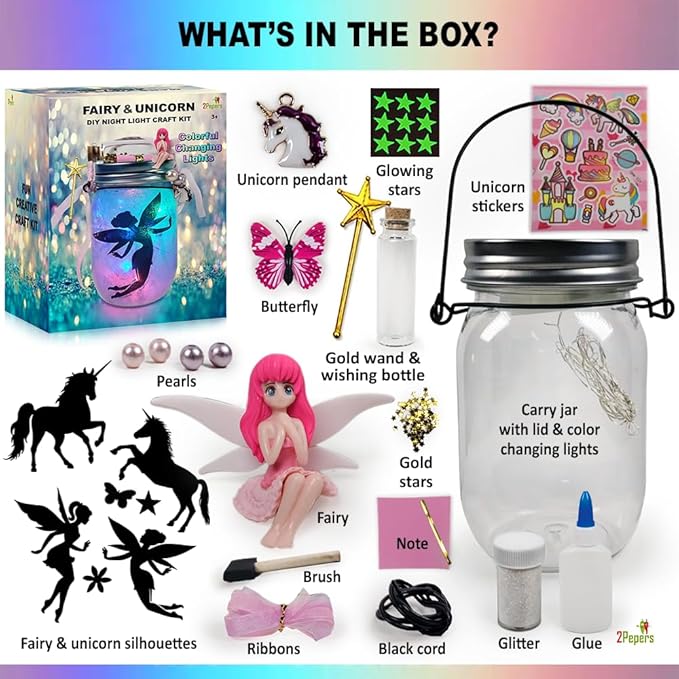 Make Your Own Unicorn & Fairy Lantern Jar Night light Arts and Crafts for Kids, Best Birthday Gifts for Girls Ages 3 4 5 6 7 8 9 10 11 12 Years old, DIY Unicorn Gift & Fairy Craft Kit for Little Girls
