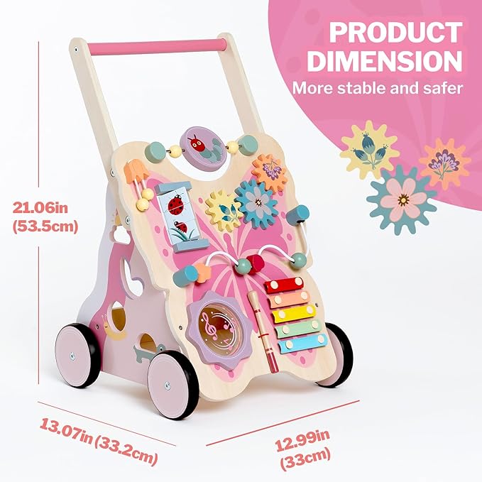 Giant bean Wooden Baby Push Walker for Girls Toddler Kids 1-3 with Activity Center, Pink Butterfly Montessori Learning Push Walker with Wheels, Push Toy Develops Motor Skills & Stimulates Creativity