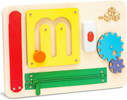 deMoca Sensory Busy Board for Toddlers, Premium Wooden Toddler Busy Board for 1 2 3 Year Old with 10 Educational Activities for Fine Motor Skills, Fidget Activity Toy for Travel Toy