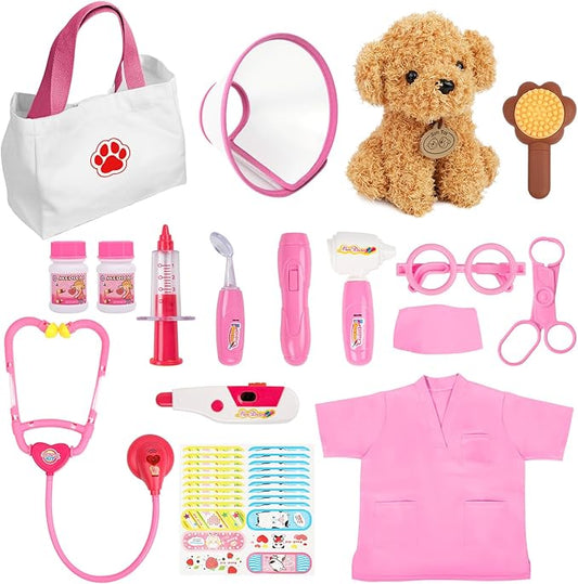 Liberry Doctor Kit for Toddlers Age 3 4 5 6, 26 Pcs Kids Doctor Playset with Dog Toy, Stethoscope and Dress Up Costume, Pretend Play Medical Christmas Gift for Girls, Pink